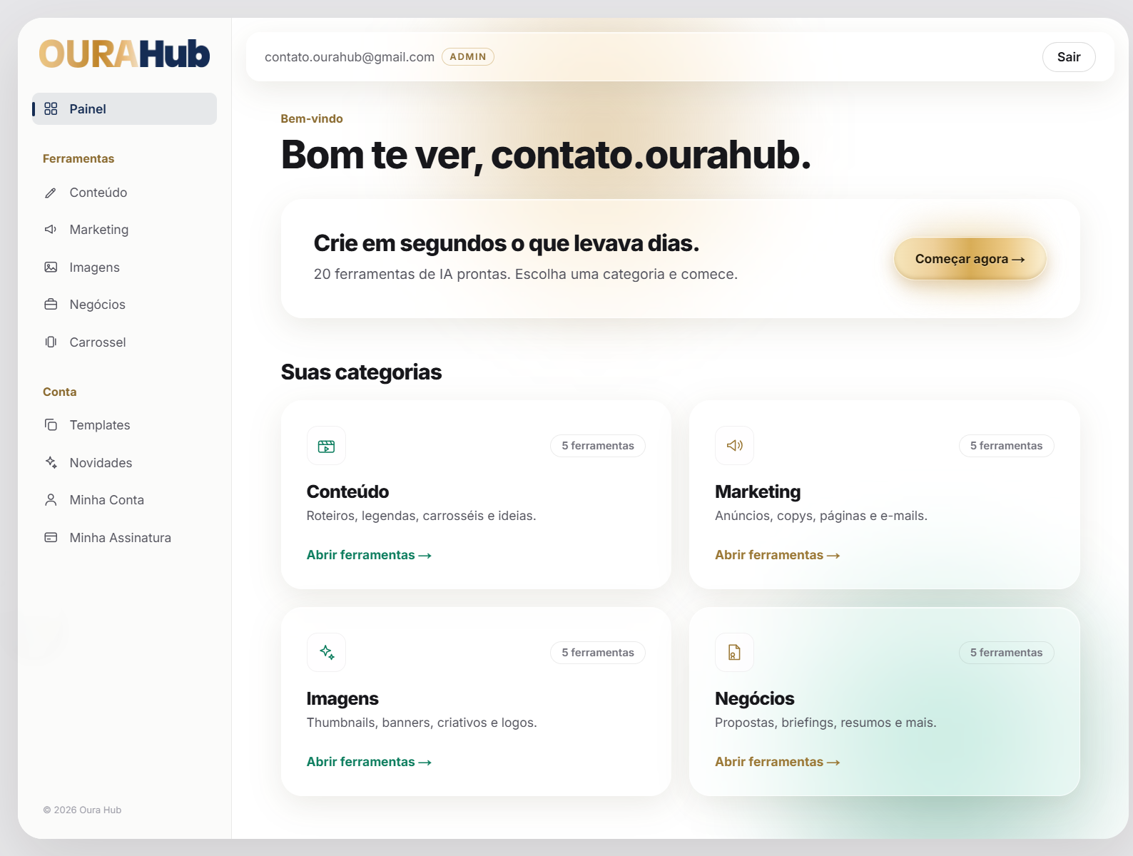 O painel do Oura Hub, com as quatro categorias de ferramentas